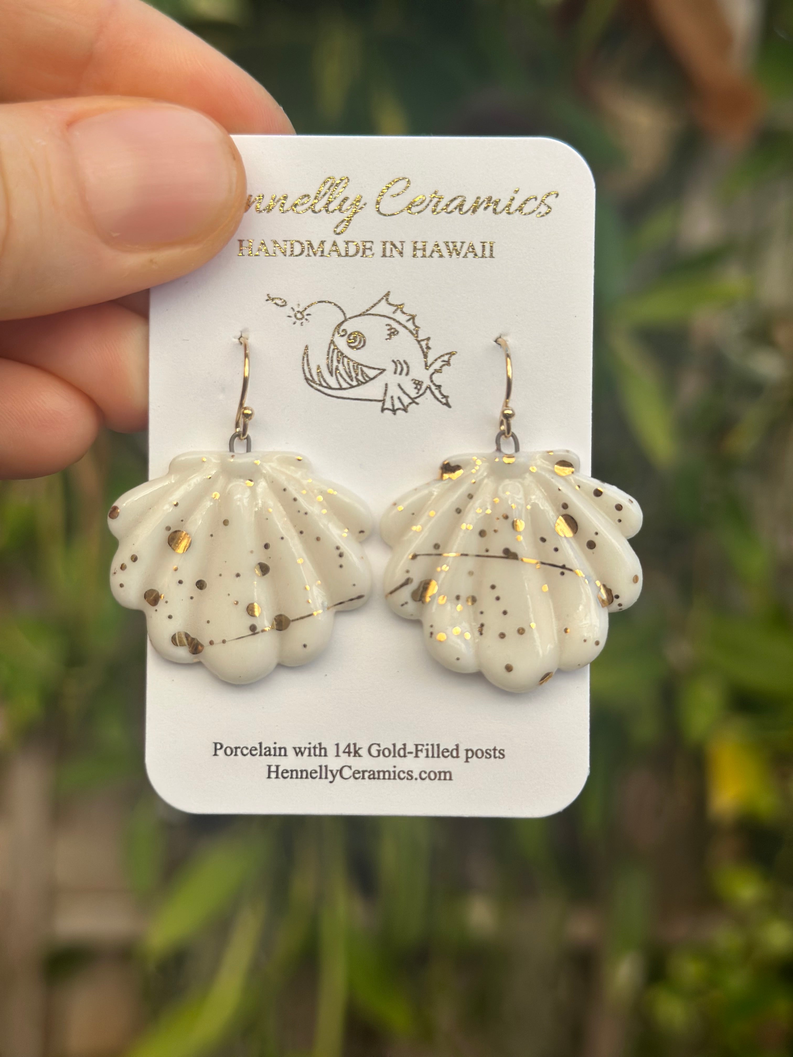 White sunrise shell earrings with gold – Hennelly Ceramics, LLC