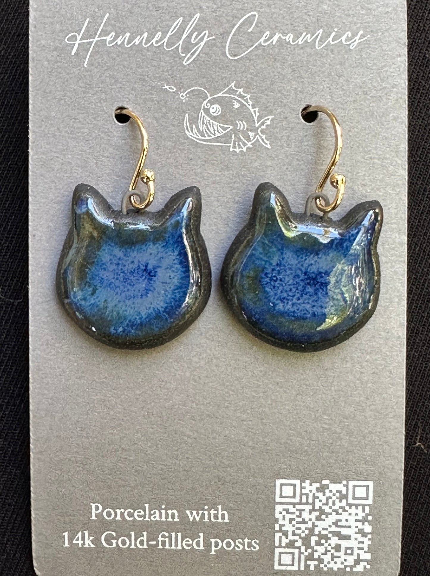 Black Porcelain Earrings: cat (dark blue)
