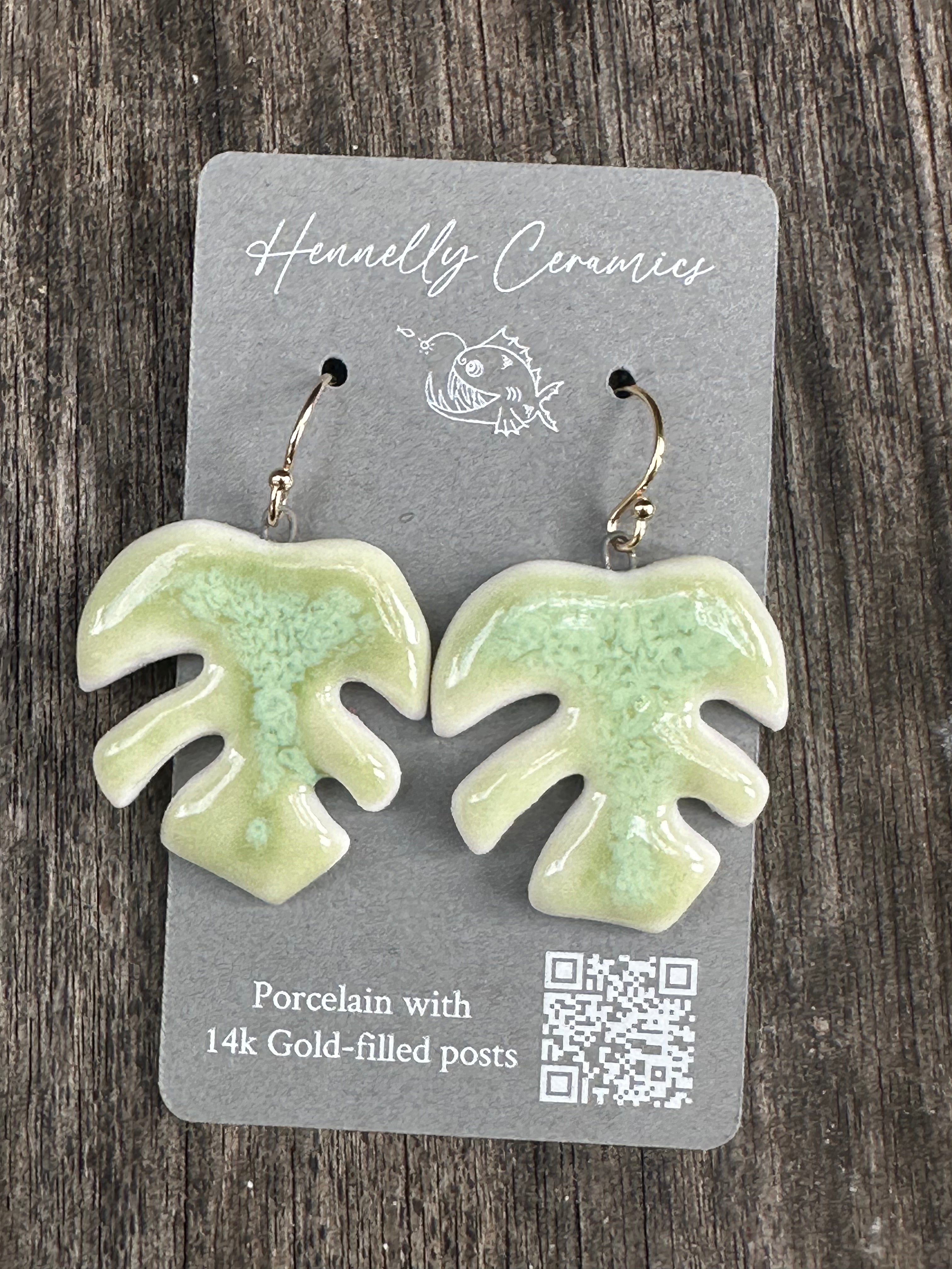 Porcelain Earrings: Monstera Leaves (light green) – Hennelly Ceramics, LLC