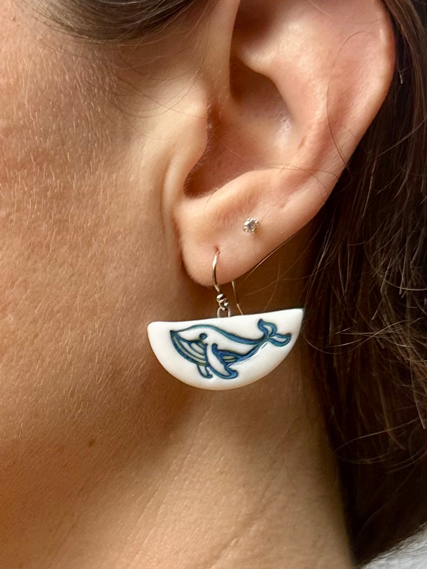 Porcelain Earrings: humpback whales blue