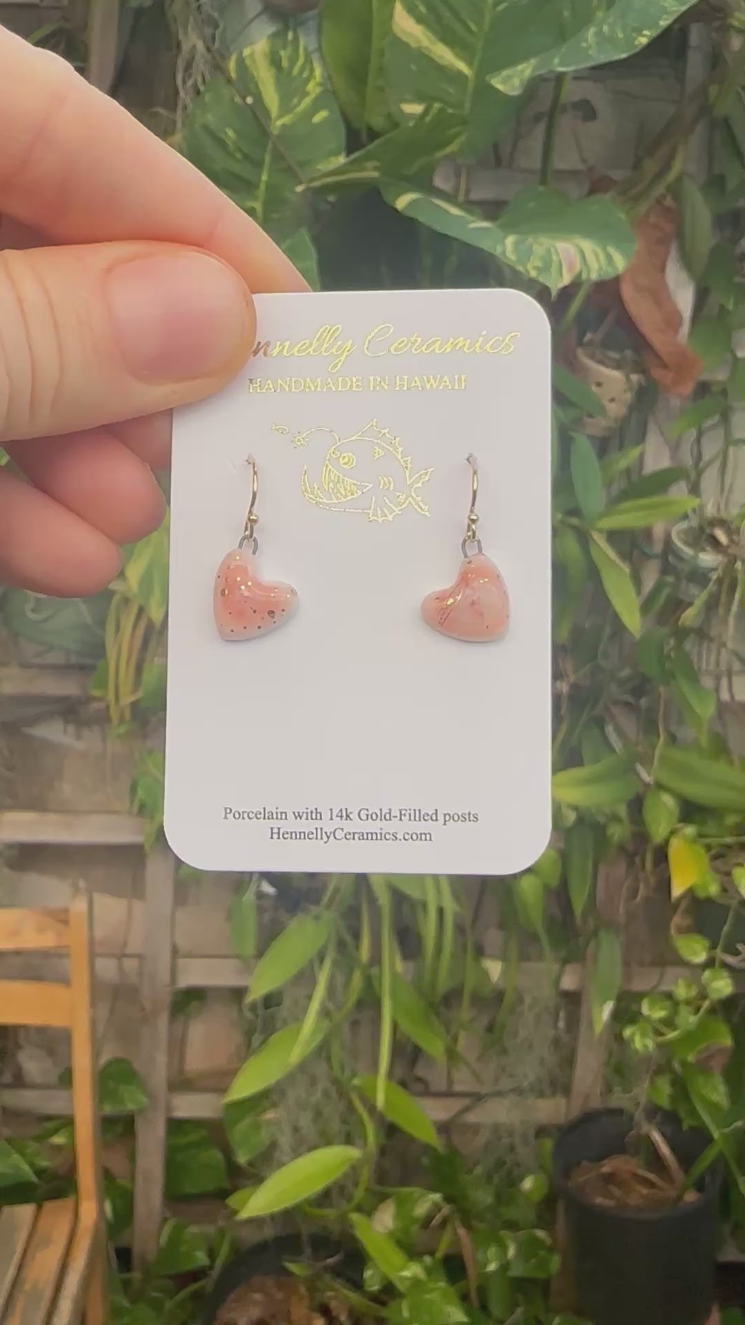 Pink heart earrings with gold – Hennelly Ceramics, LLC