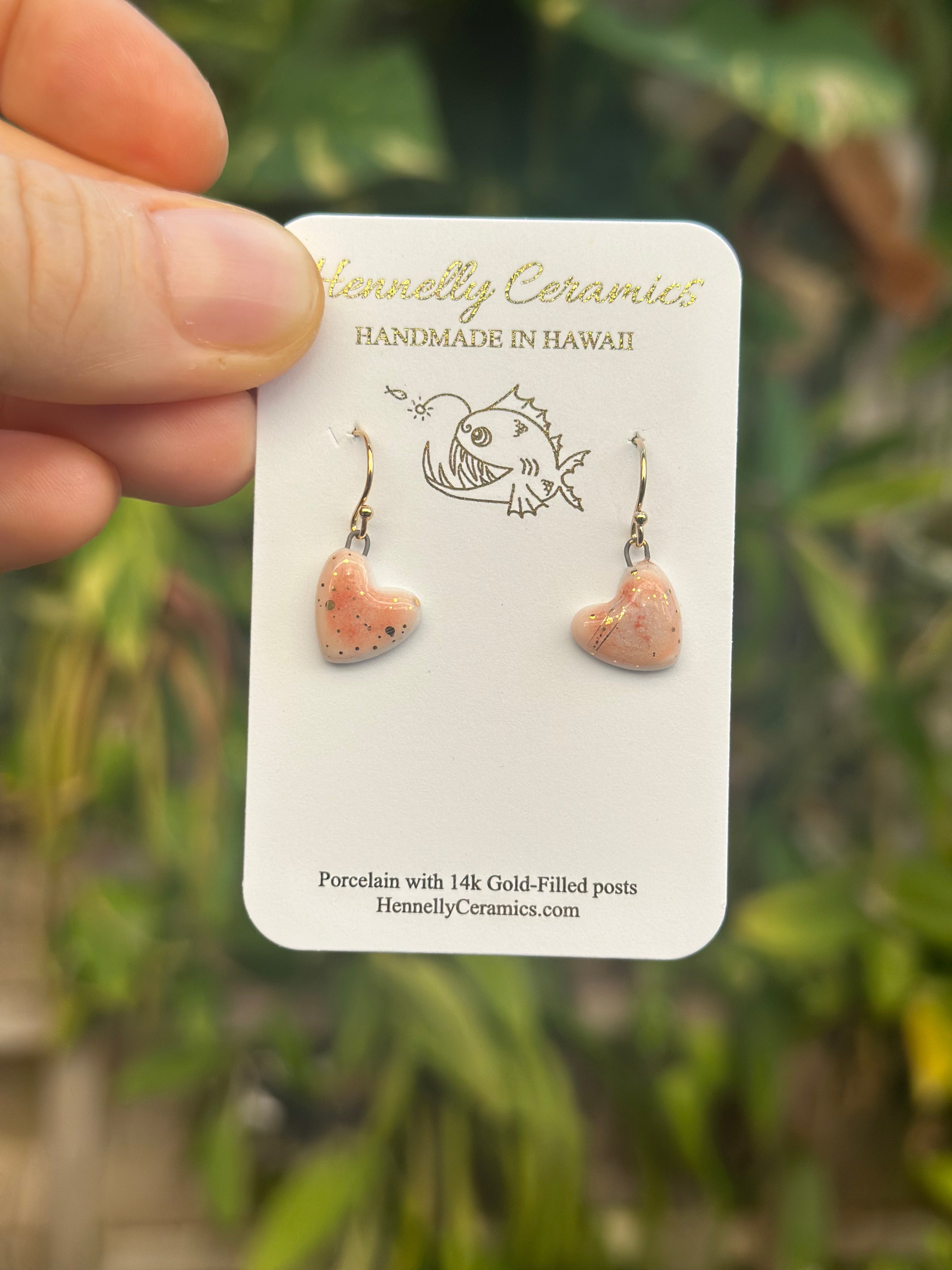 Pink heart earrings with gold – Hennelly Ceramics, LLC