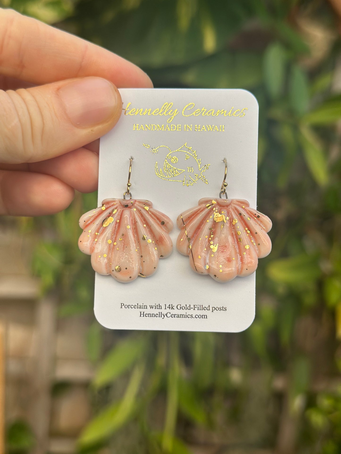 Pink sunrise shell earrings w gold