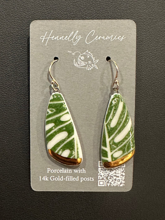 Porcelain Earrings: Monstera Teardrop with Gold