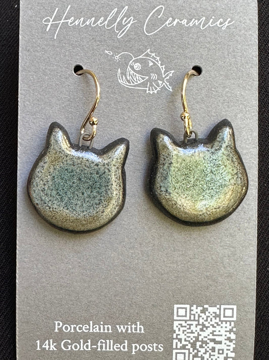 Black Porcelain Earrings: cat (sage)