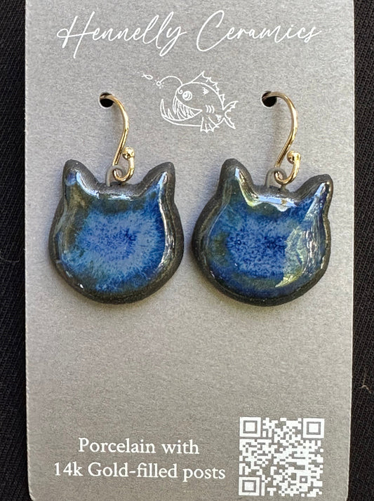Black Porcelain Earrings: cat (dark blue)