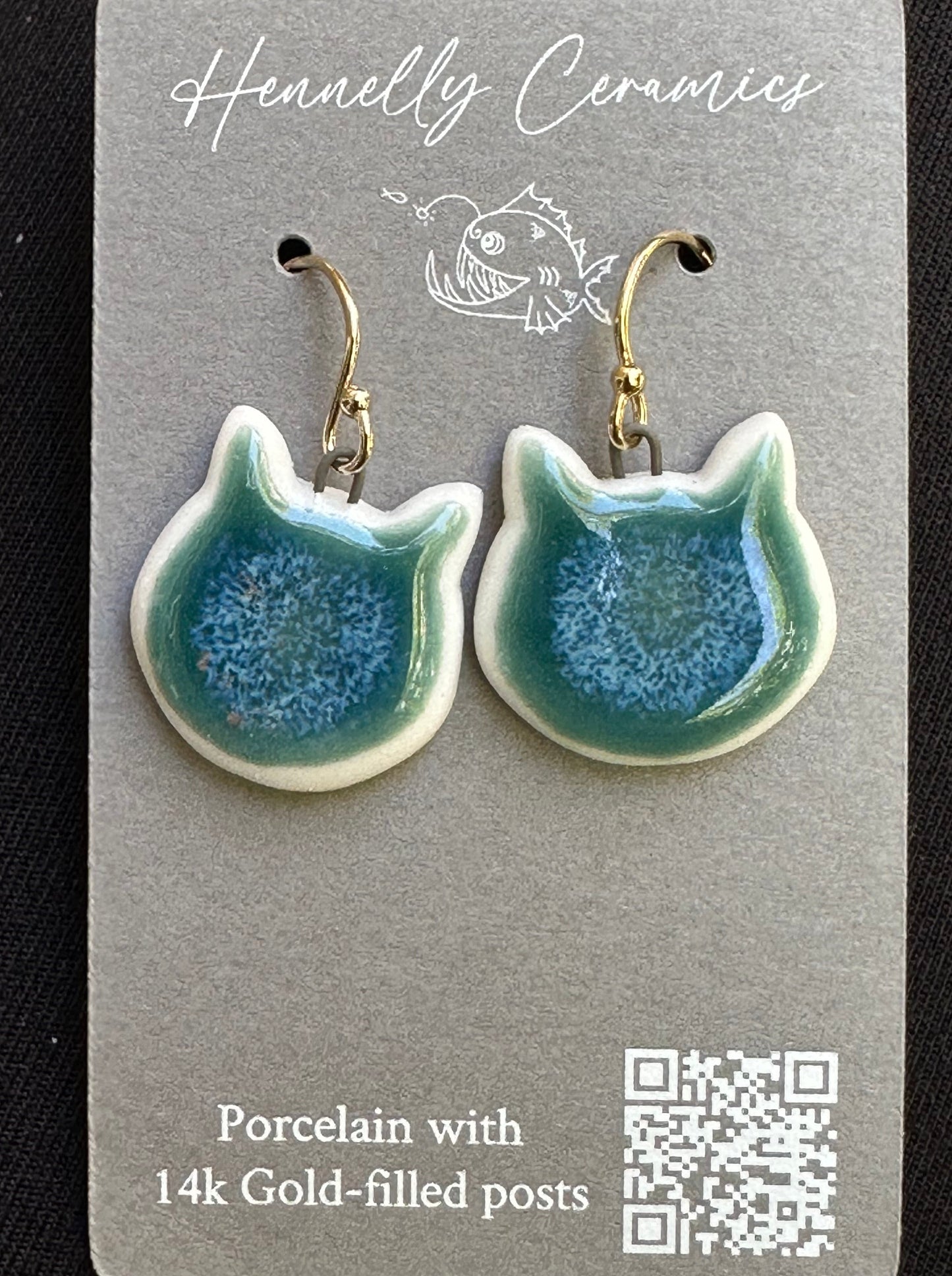 Porcelain Earrings: cat (teal)