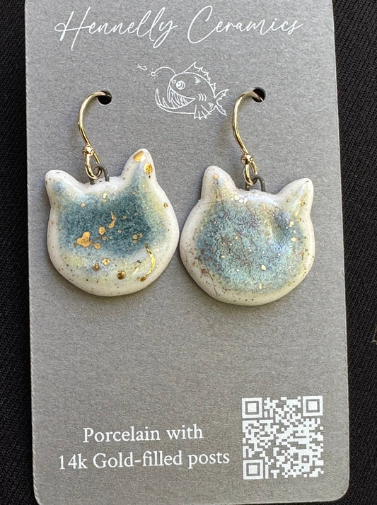 Porcelain Earrings: cat (light blue and gold)