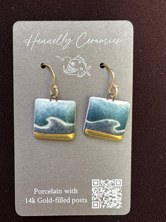 Porcelain Earrings: Blue Waves Square Gold