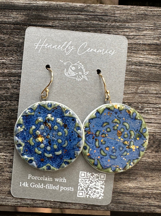 Porcelain Earrings: Blue Mandala with gold