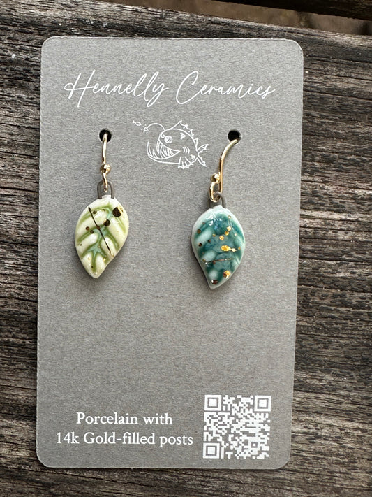 Porcelain Earrings: tiny leaves with gold