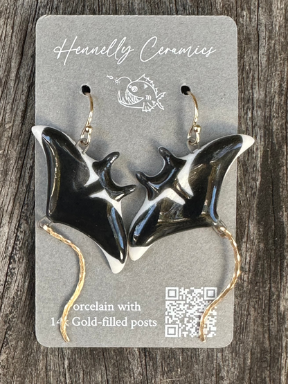 Porcelain Earrings: Black and White Manta with Articulated  Tail