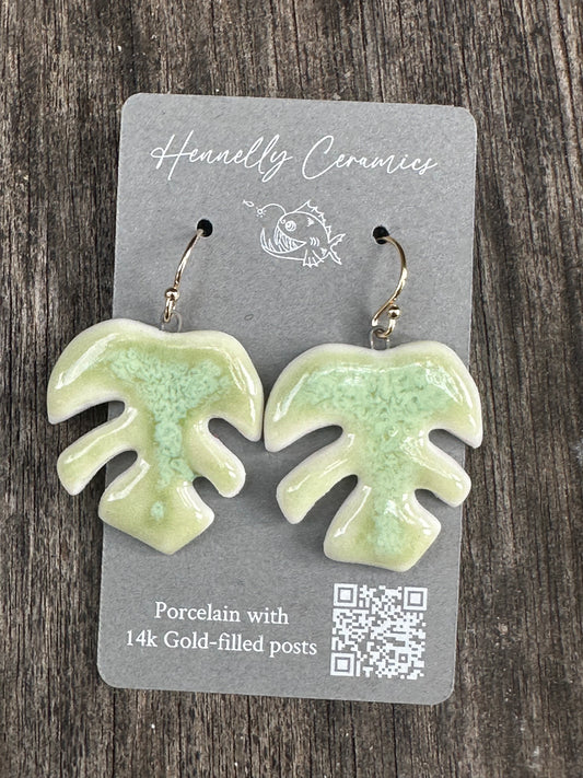 Porcelain Earrings: Monstera Leaves (light green)