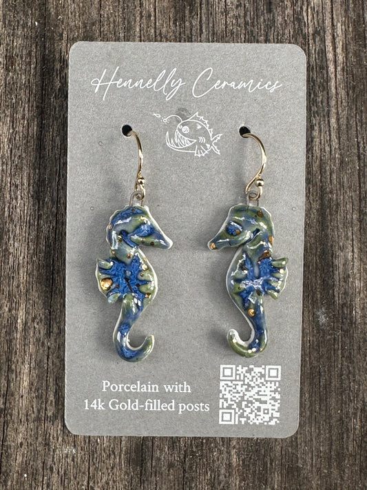 Porcelain Earrings: Seahorse Blue/Gold