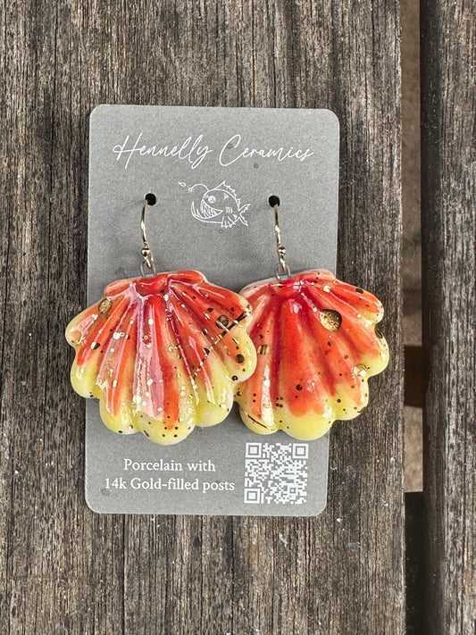 Porcelain Earrings: Sunrise Shells large red/orange/yellow color