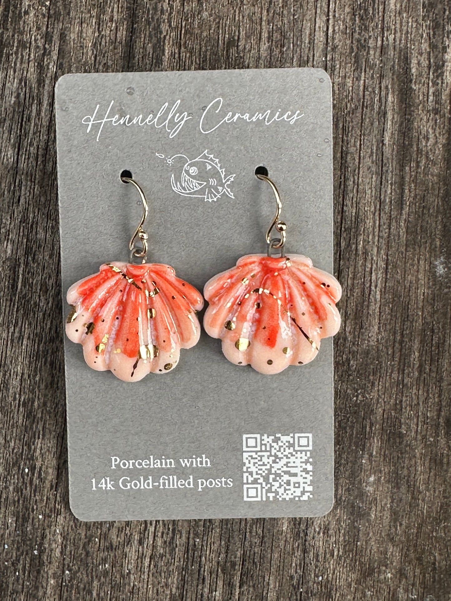 Porcelain Earrings: Sunrise Shells small coral color with gold