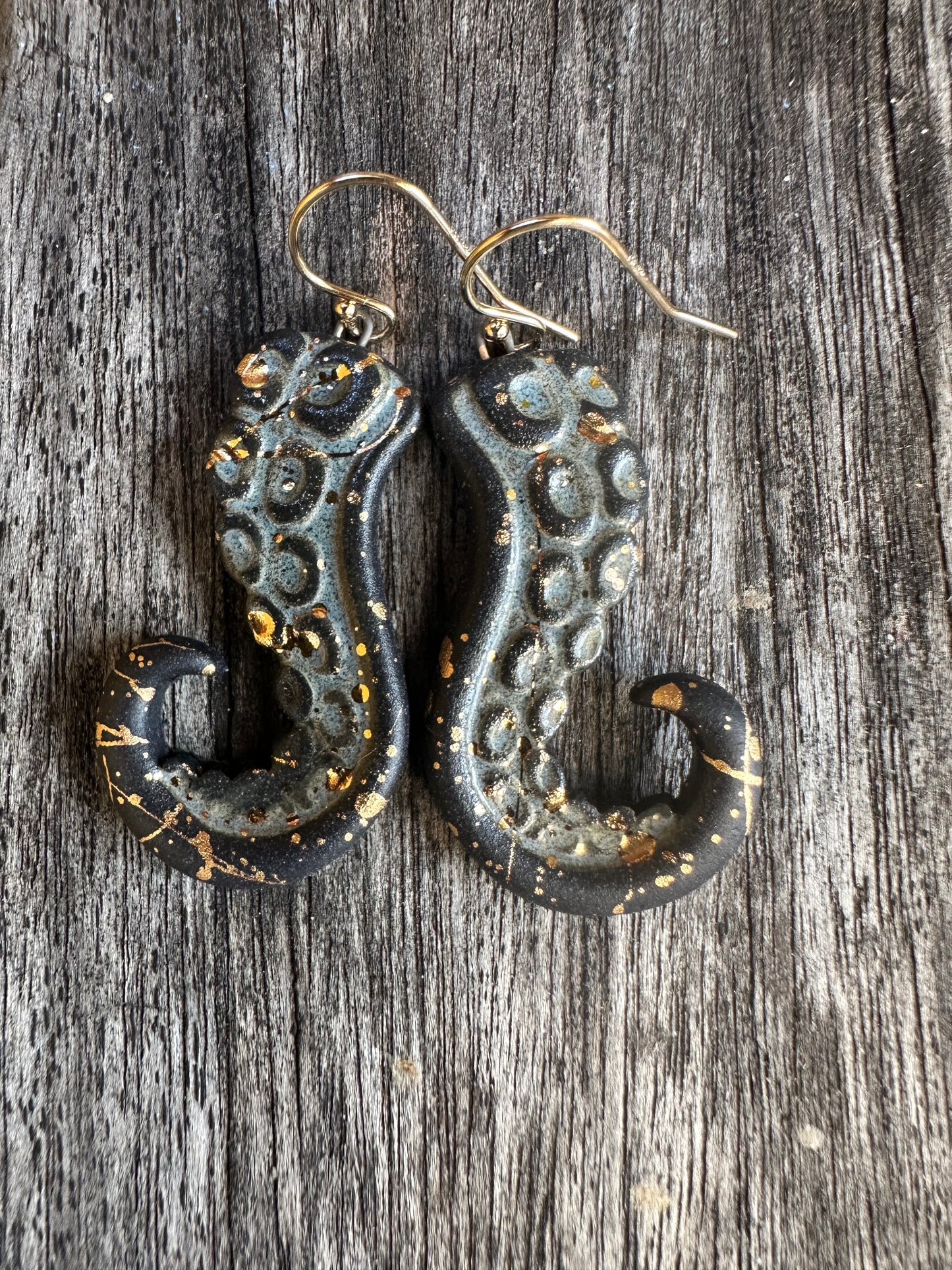 Black Porcelain Earrings: Octopus Tentacles (sage and gold)