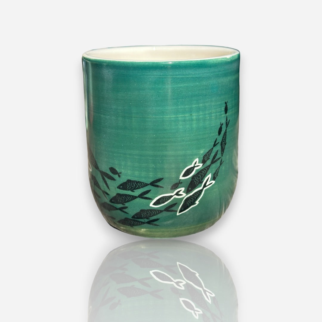 Porcelain Tumbler: School of Fish - Teal Gradient Glossy