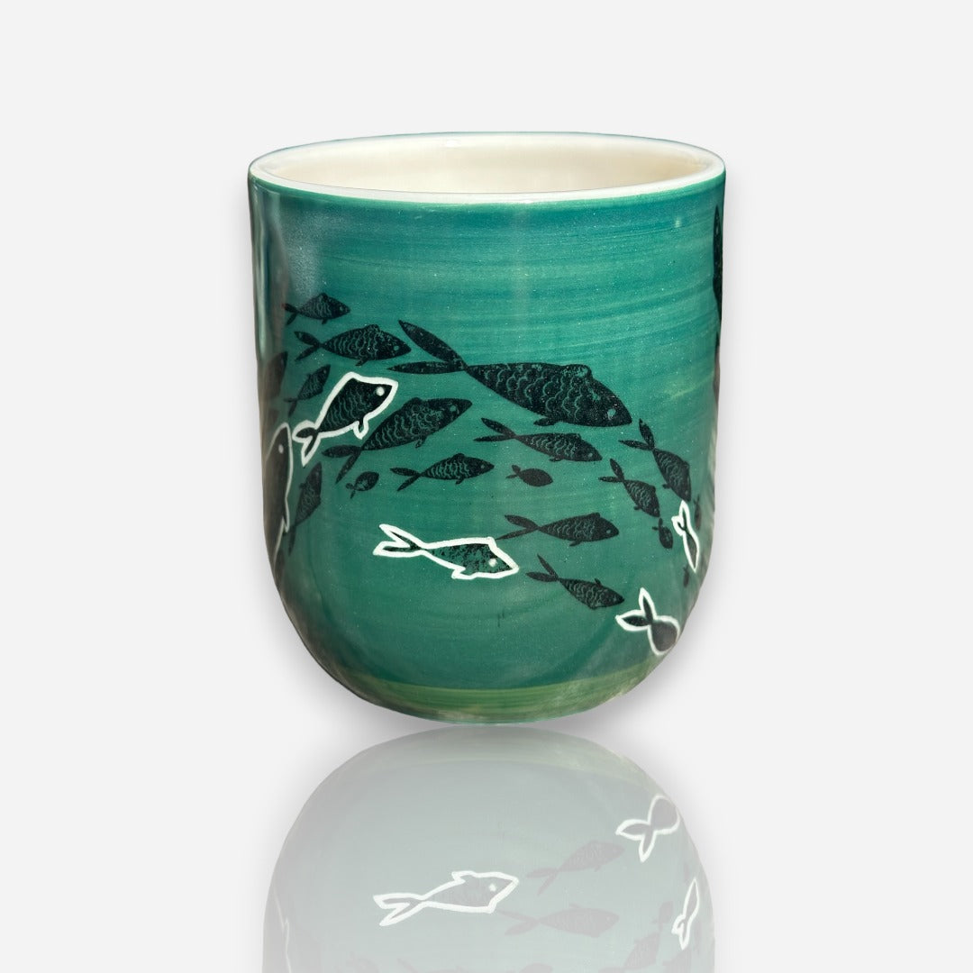 Porcelain Tumbler: School of Fish - Teal Gradient Glossy