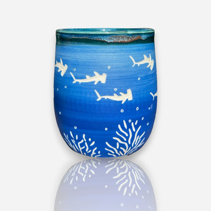 Porcelain Tumbler: Hammerhead Sharks Blue and Torquoise Matte