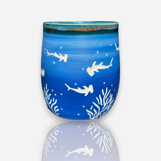 Porcelain Tumbler: Hammerhead Sharks Blue and Torquoise Matte