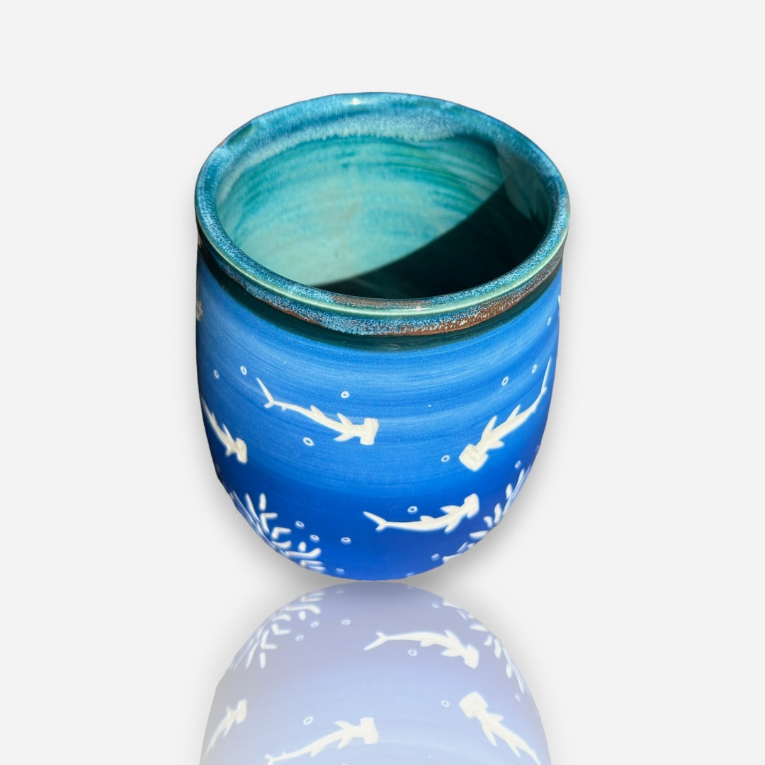 Porcelain Tumbler: Hammerhead Sharks Blue and Torquoise Matte