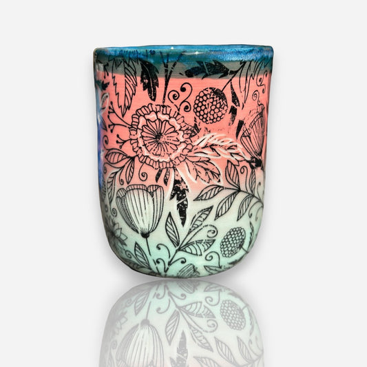 Porcelain Tumbler: Multi-Floral Design Aqua Coral Teal Glossy