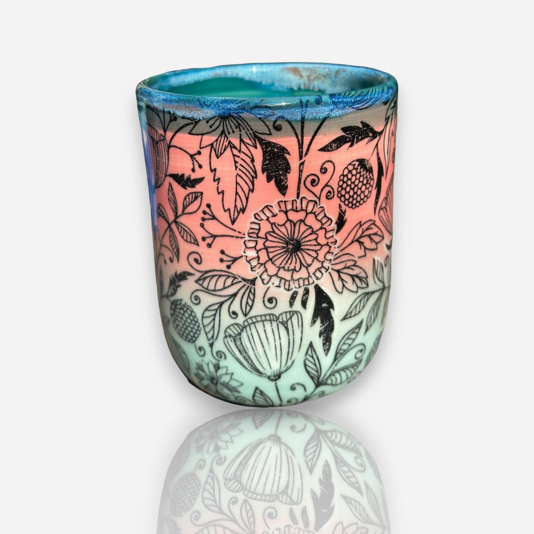 Porcelain Tumbler: Multi-Floral Design Aqua Coral Teal Glossy