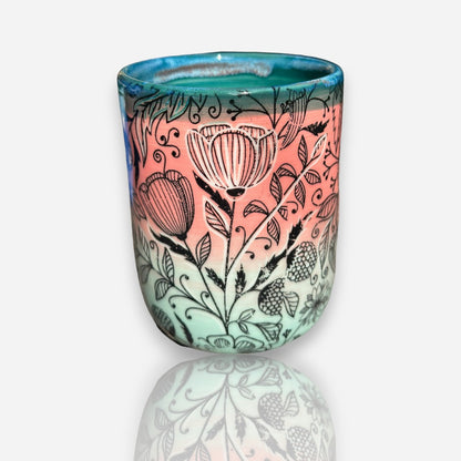 Porcelain Tumbler: Multi-Floral Design Aqua Coral Teal Glossy