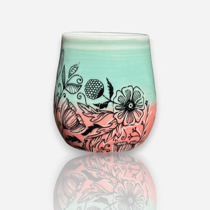 Porcelain Tumbler: Floral Designs with Aqua and Coral Color Glossy