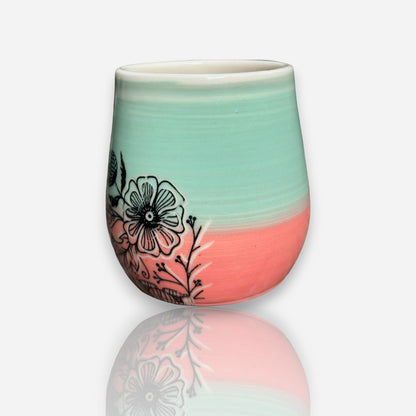 Porcelain Tumbler: Floral Designs with Aqua and Coral Color Glossy