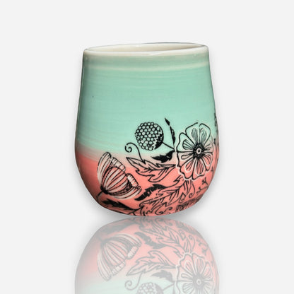 Porcelain Tumbler: Floral Designs with Aqua and Coral Color Glossy