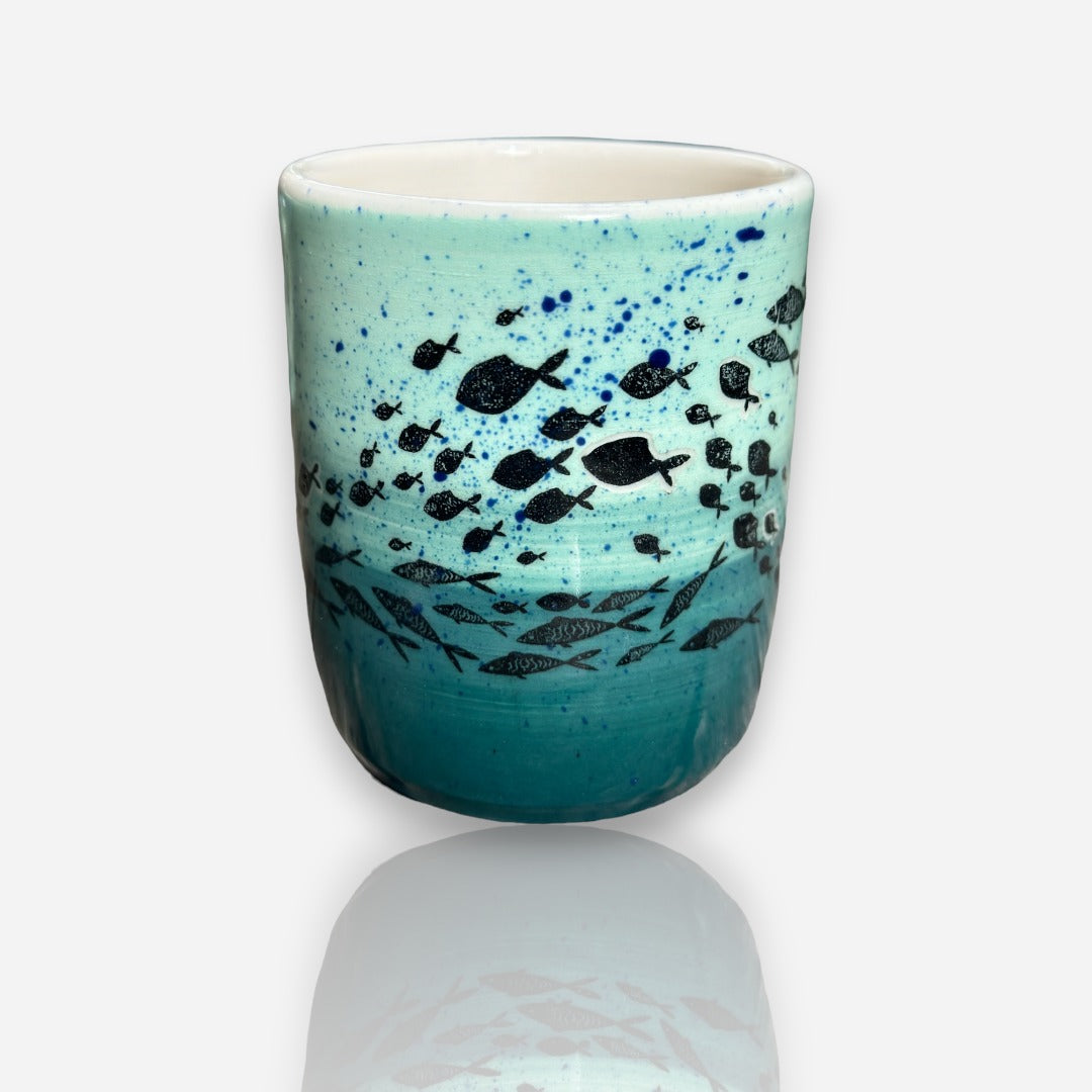 Porcelain Tumbler: School of Fish Aquamarine Glossy