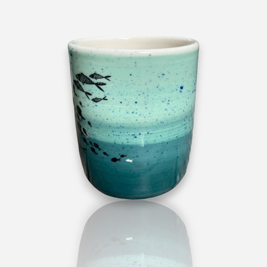 Porcelain Tumbler: School of Fish Aquamarine Glossy