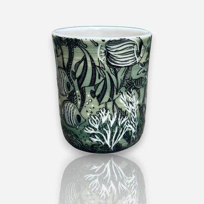 Porcelain Tumbler: Seascape and Fish - Geen and Black Glossy