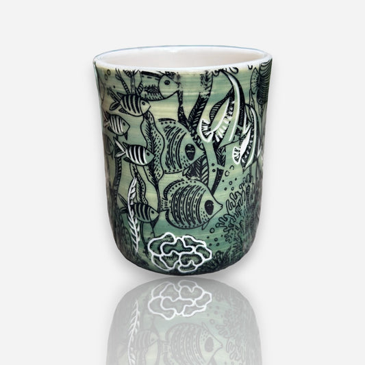 Porcelain Tumbler: Seascape and Fish - Geen and Black Glossy