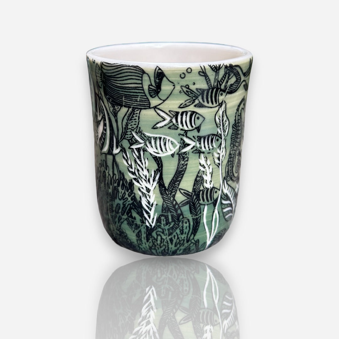 Porcelain Tumbler: Seascape and Fish - Geen and Black Glossy