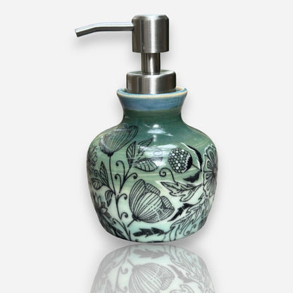 Porcelain Soap Dispenser: Multi-Floral Design - Dark Green to Light Gradient Glossy