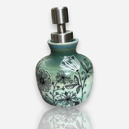 Porcelain Soap Dispenser: Multi-Floral Design - Dark Green to Light Gradient Glossy