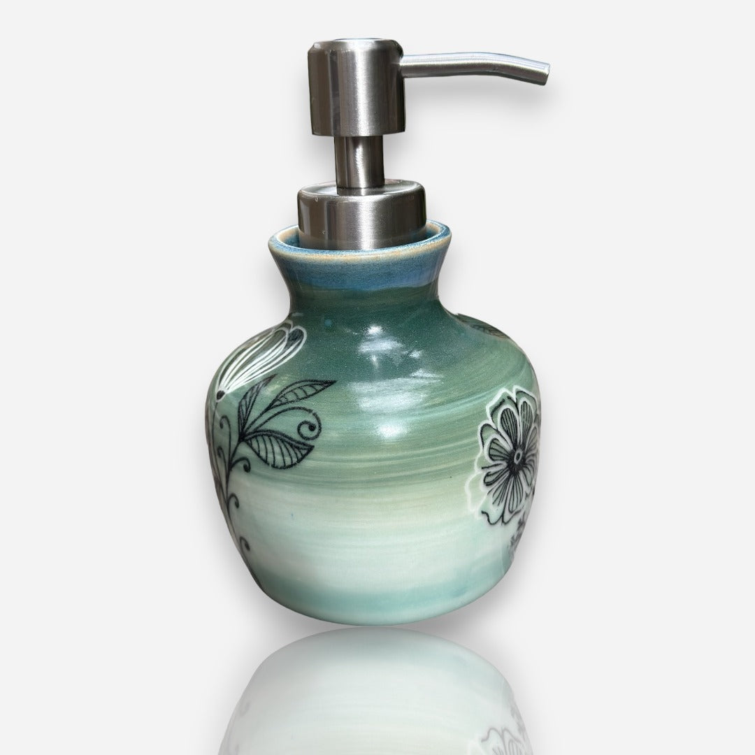 Porcelain Soap Dispenser: Multi-Floral Design - Dark Green to Light Gradient Glossy