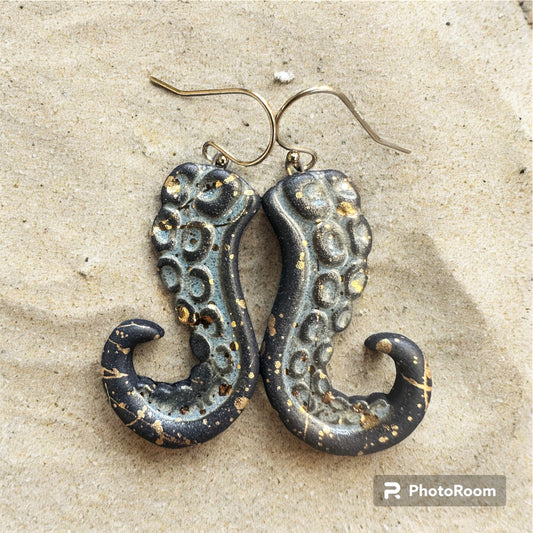 Black Porcelain Earrings: Octopus Tentacles (sage and gold)