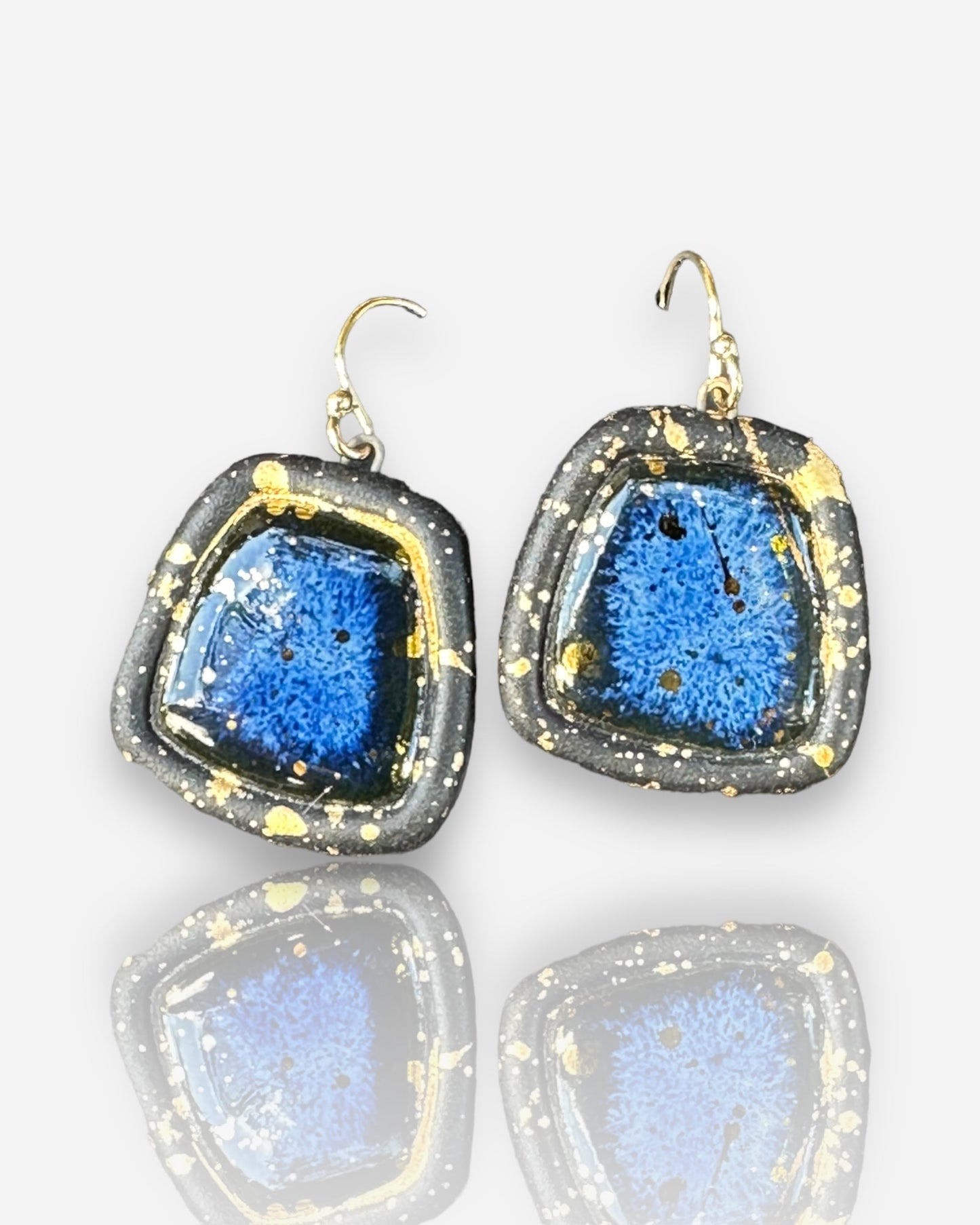 Black Porcelain Earrings: Blue & Gold Rounded Trapezoid