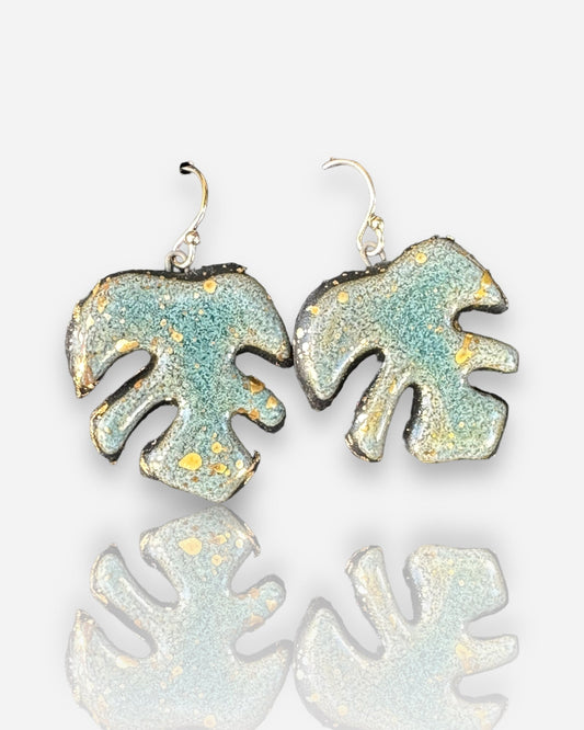 Black Porcelain Earrings: Monstera Shape and Teal